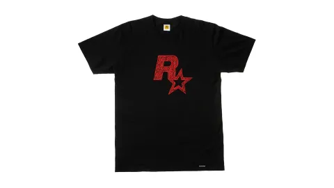 Linocut Rockstar Games Logo Tee - Red on Black