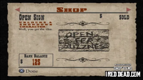 Red Dead Revolver Shop Item Open Sign