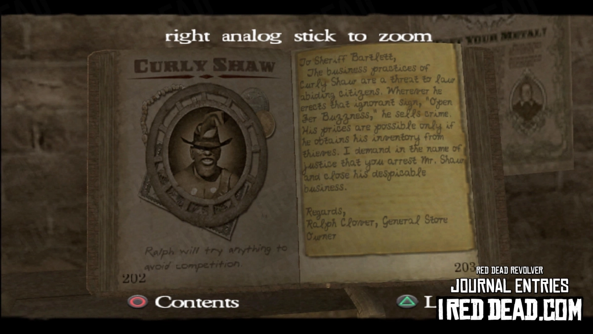 Red Dead Revolver Journal Entry 102 - Curly Shaw