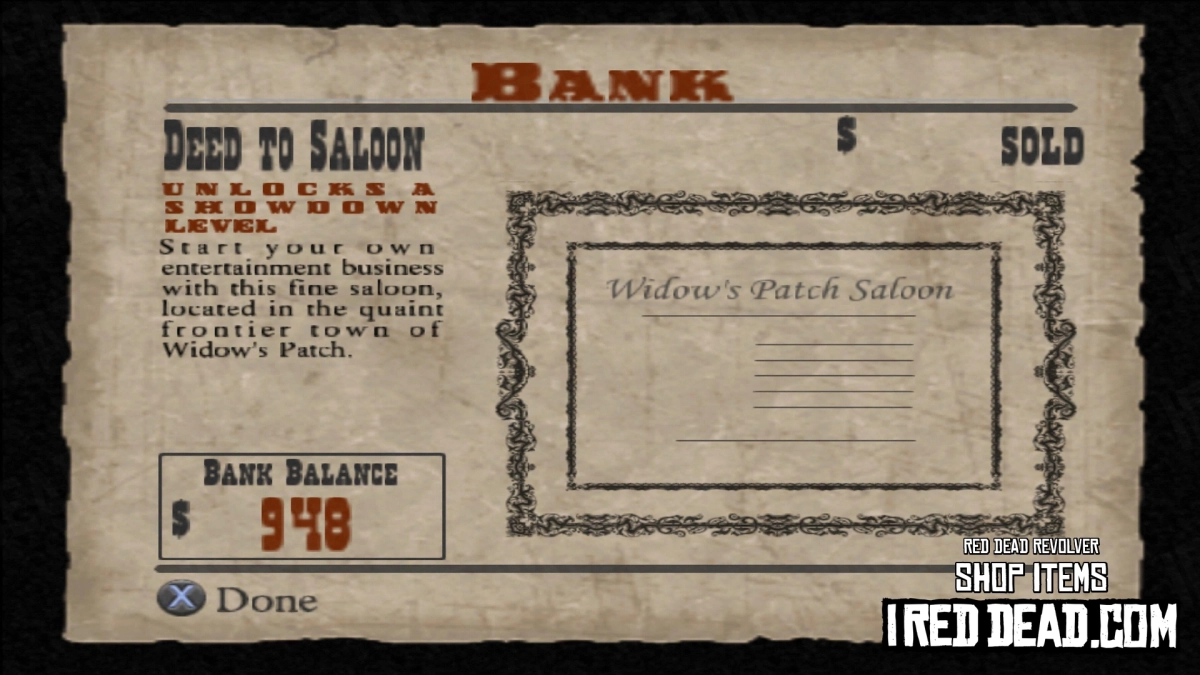 Red Dead Revolver Shop Item Deed To Saloon