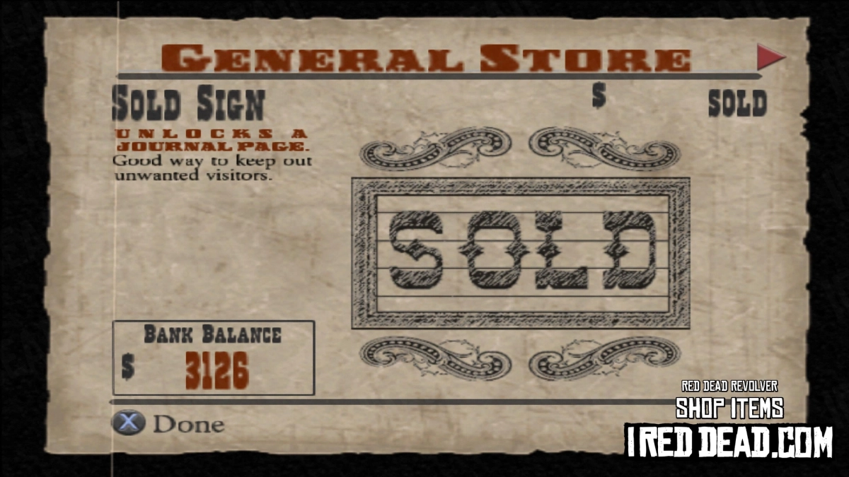 Red Dead Revolver Shop Item Sold Sign