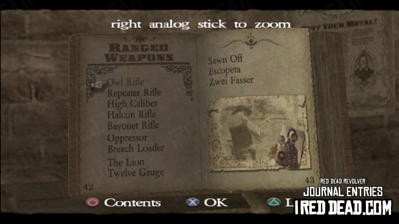 Red Dead Revolver Journal Entry 22 - Ranged Weapons Index