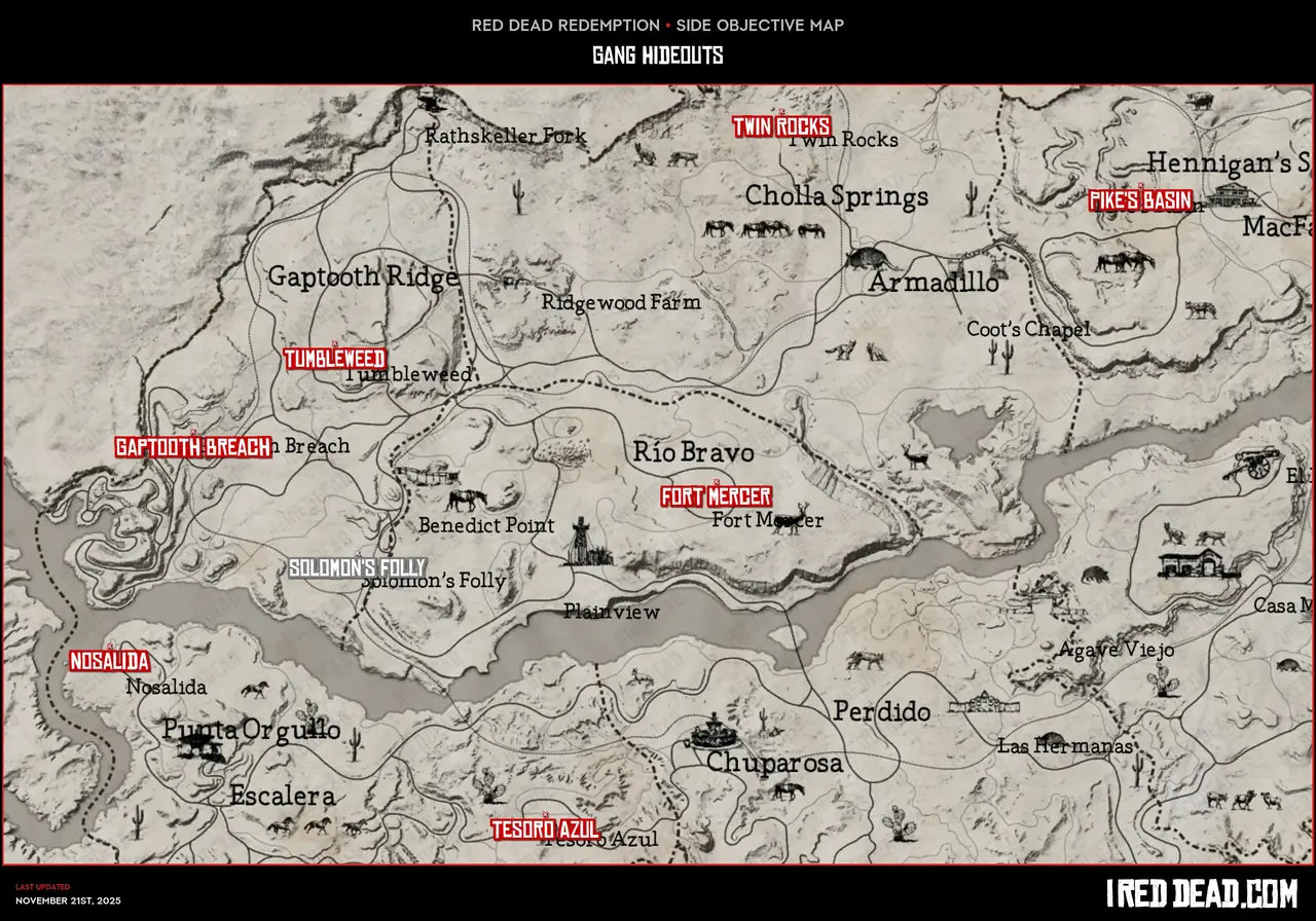 Red Dead Redemption Gang Hideouts Map