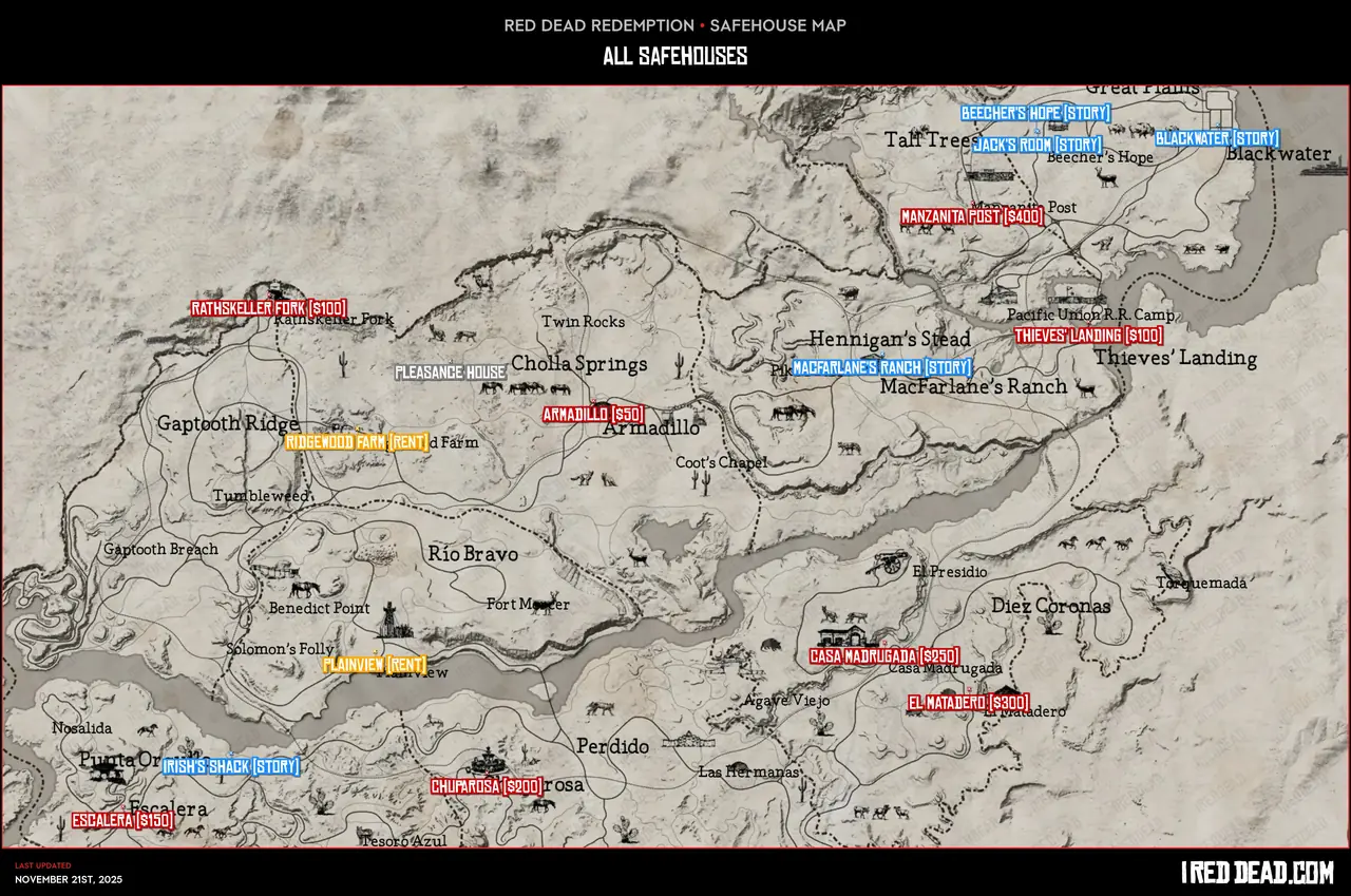 Red Dead Redemption All Safehouses Map