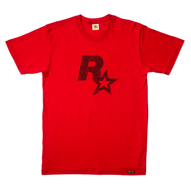 Linocut Rockstar Games Logo Tee - Black on Red