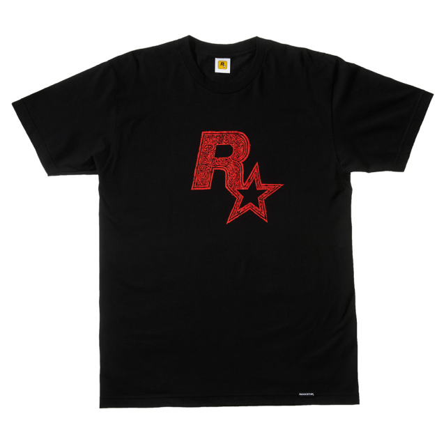 Linocut Rockstar Games Logo Tee - Red on Black
